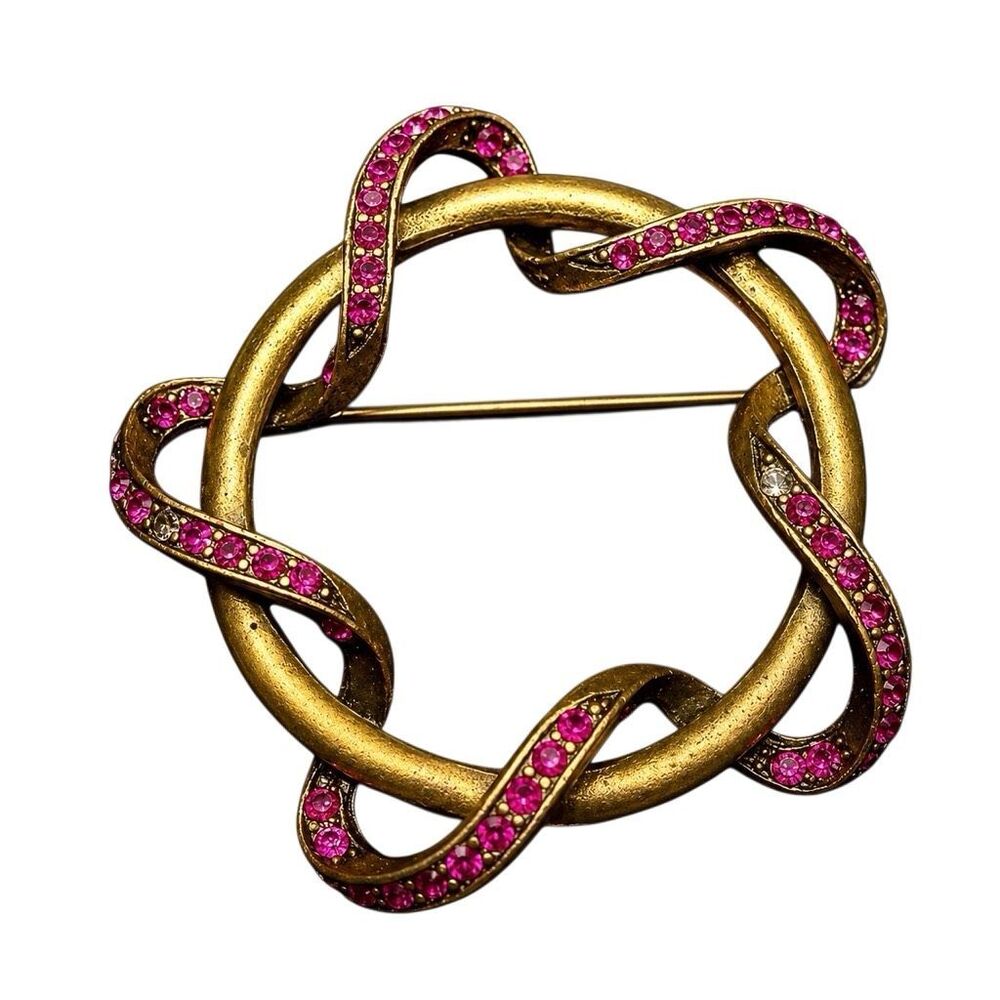 Vintage Lia Lianna Brooch – Twisted Ribbon Form, Fuchsia Crystals